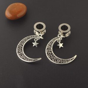 2PCS 9/16 inch Ear Gauges Tunnels Steel, Womens Tunnels for Ears Dangle 14mm Vintage Moon and Star Pendant