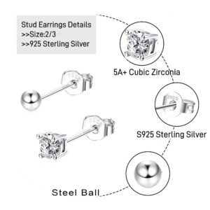 Jstyle 7 Pairs Sterling Silver Studs Earrings Set for Multiple Piercing Hoops Set Hypoallergenic Tiny Cubic Zirconia Ball Studs Earrings for Women