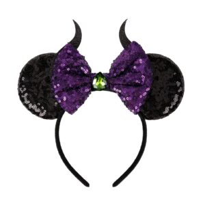 wovowovo mouse ears bow headbands for women, halloween decoration glitter hairbands party princess cosplay costume hair accessories, maleficent