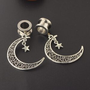 2PCS 9/16 inch Ear Gauges Tunnels Steel, Womens Tunnels for Ears Dangle 14mm Vintage Moon and Star Pendant