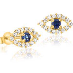 Solid 14k Yellow Gold Evil Eye Stud Earrings with Sparkling Cubic Zirconia (Yellow Gold)