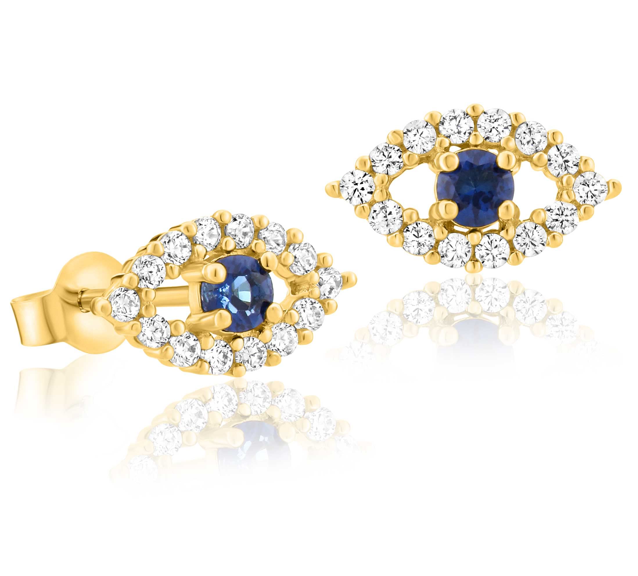 Solid 14k Yellow Gold Evil Eye Stud Earrings with Sparkling Cubic Zirconia (Yellow Gold)