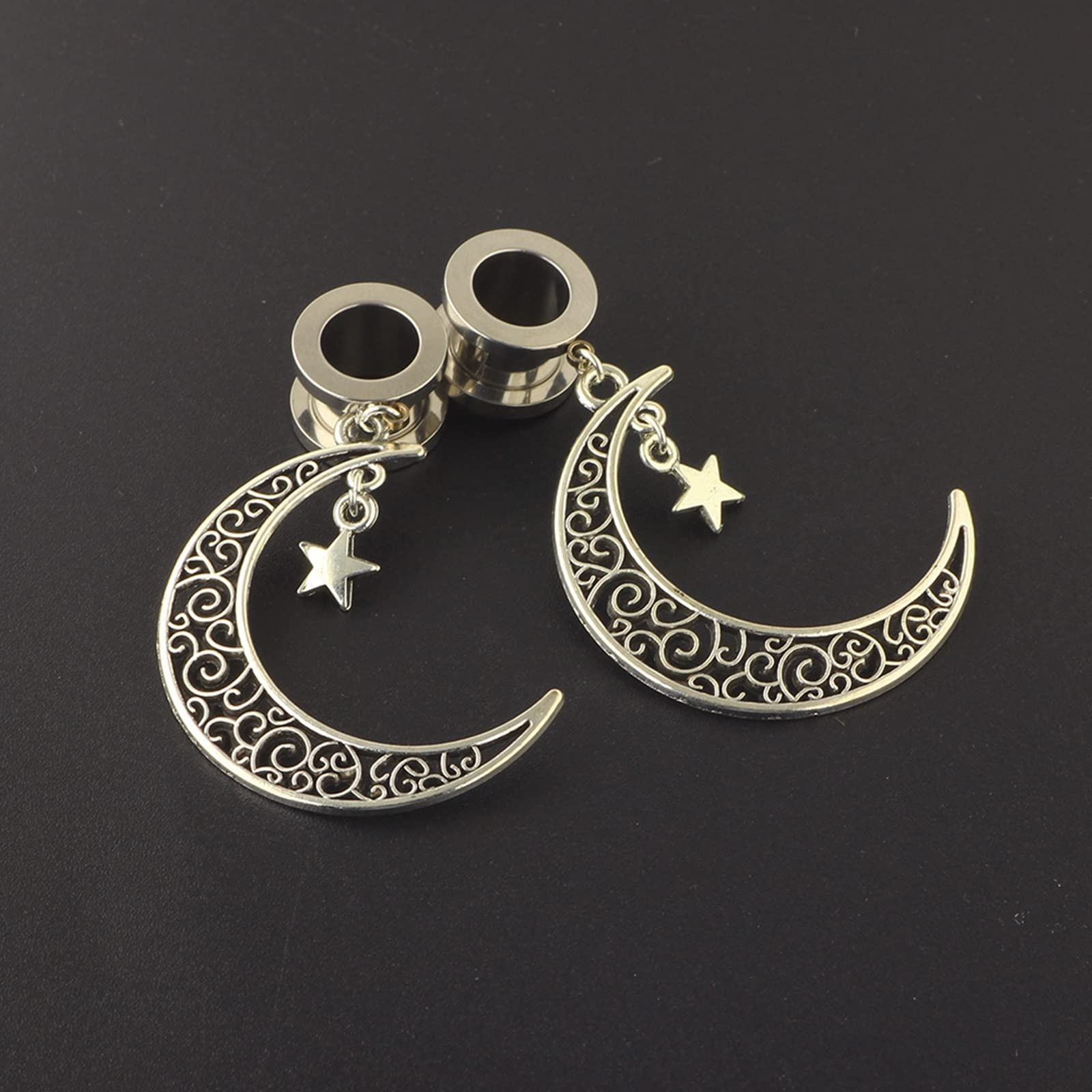 2PCS 9/16 inch Ear Gauges Tunnels Steel, Womens Tunnels for Ears Dangle 14mm Vintage Moon and Star Pendant