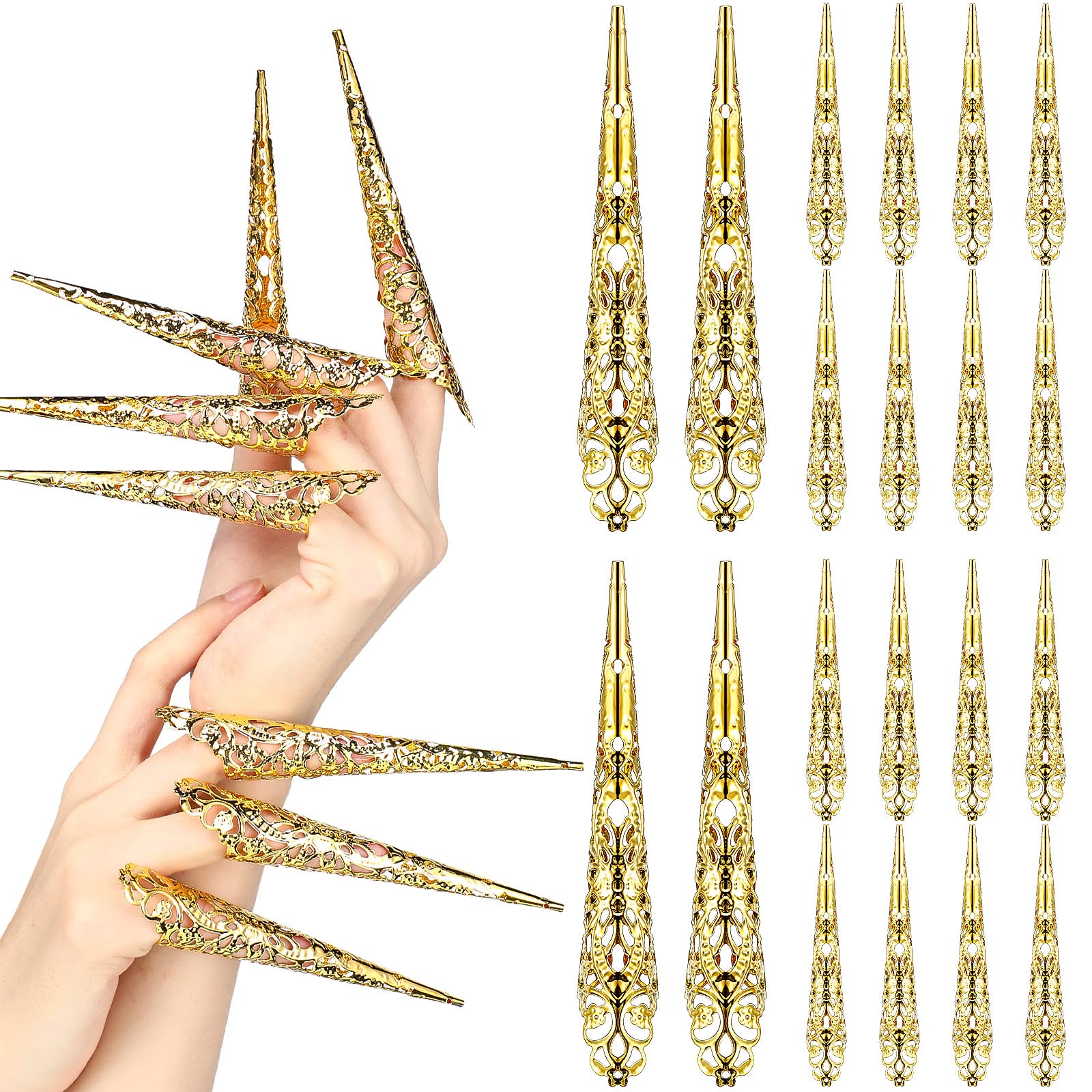 Leelosp 20 Packs halloween Finger Nail Claw Rings Ancient Queen Fingernail Claw Metal Finger Knuckle Claw for Halloween Women Cosplay Costume Drama Dance Show (Gold)