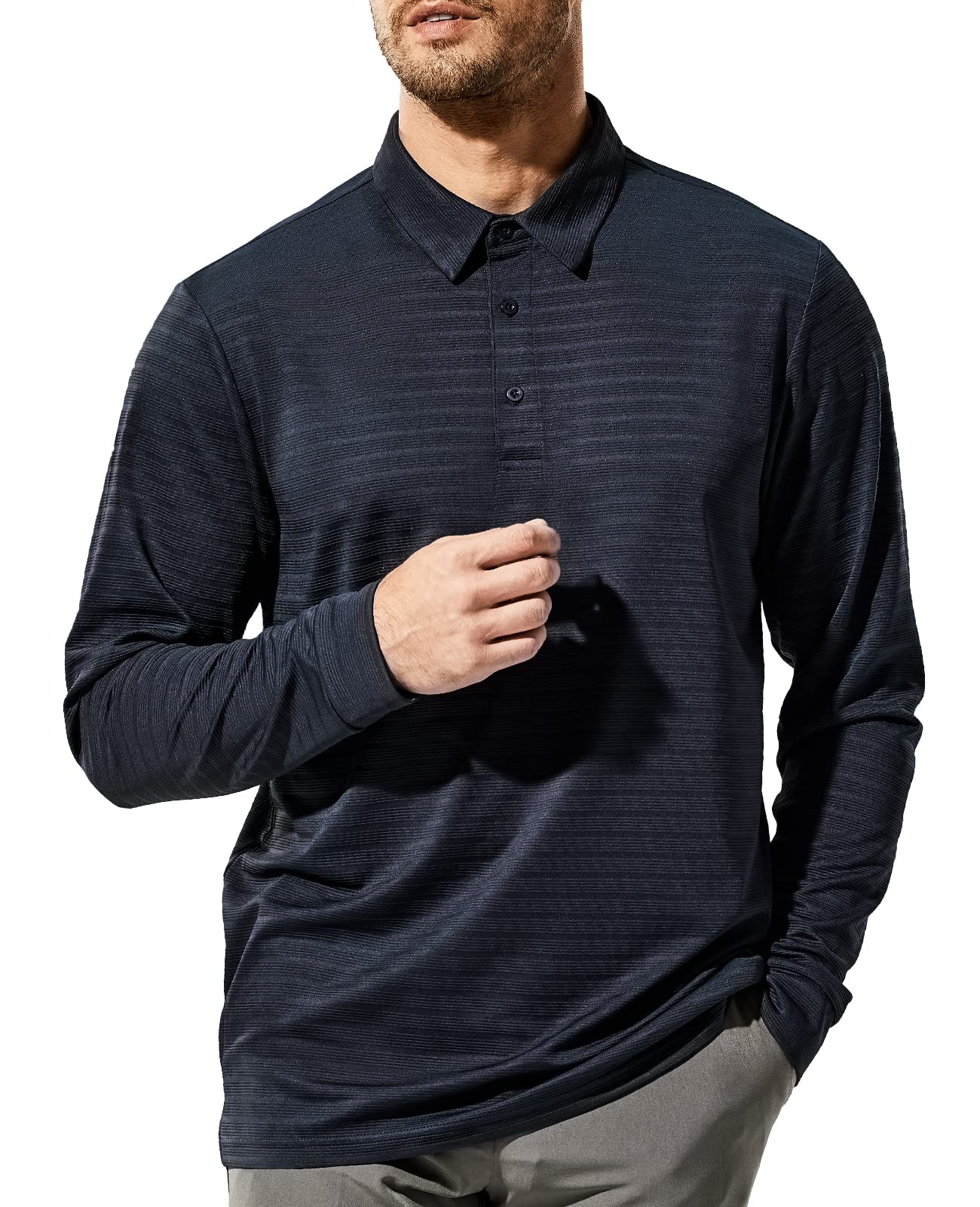 MIER Long Sleeve Polo Shirts for Men Quick Dry Polyester Collared Shirt Casual Performance Golf Shirts, Navy, XXL