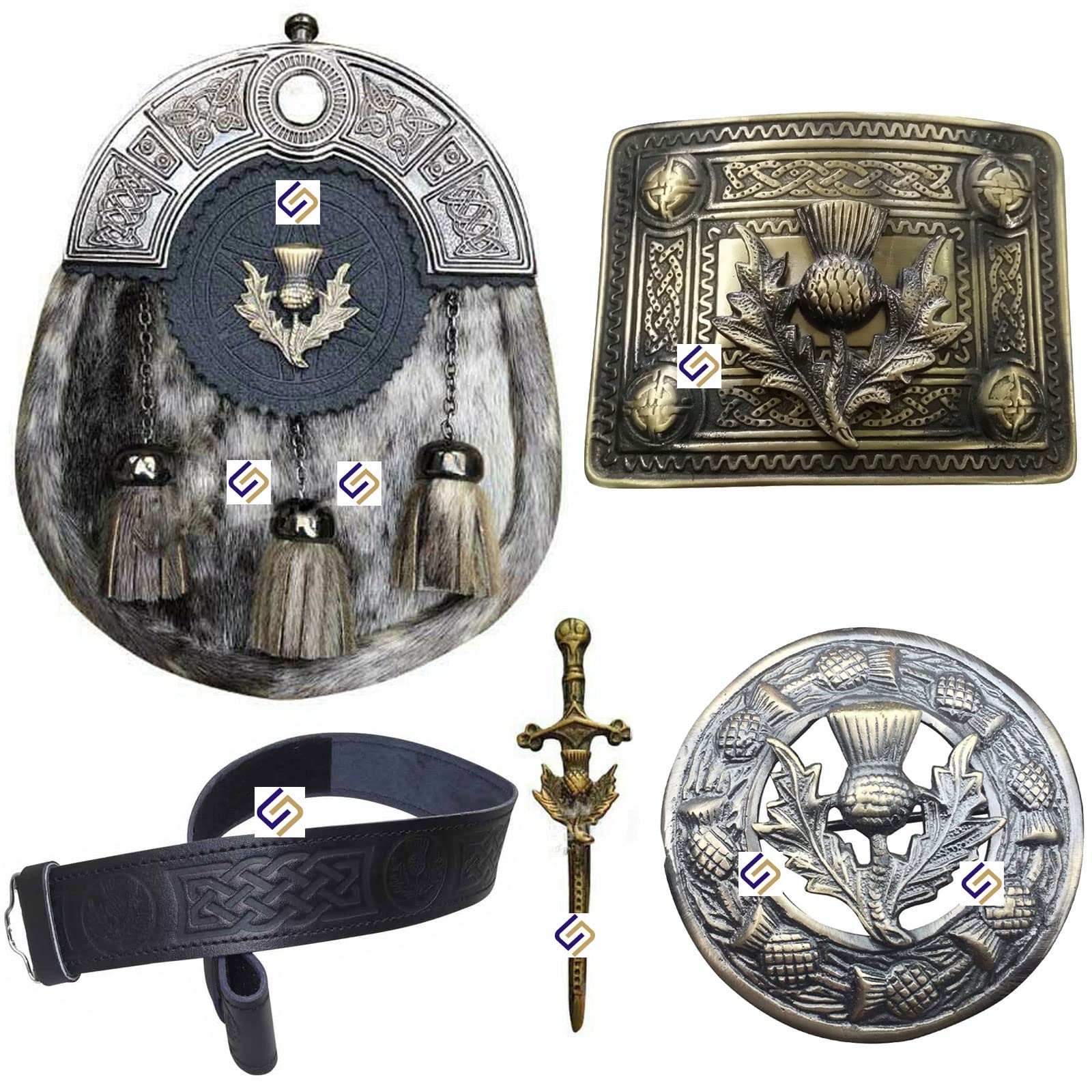 Kilt Belt with Buckle Scottish Kilts Sporran with Badge Style Thistle/Kilt Pin/Fly Plaid Brooch 5 piece Set (Medium)