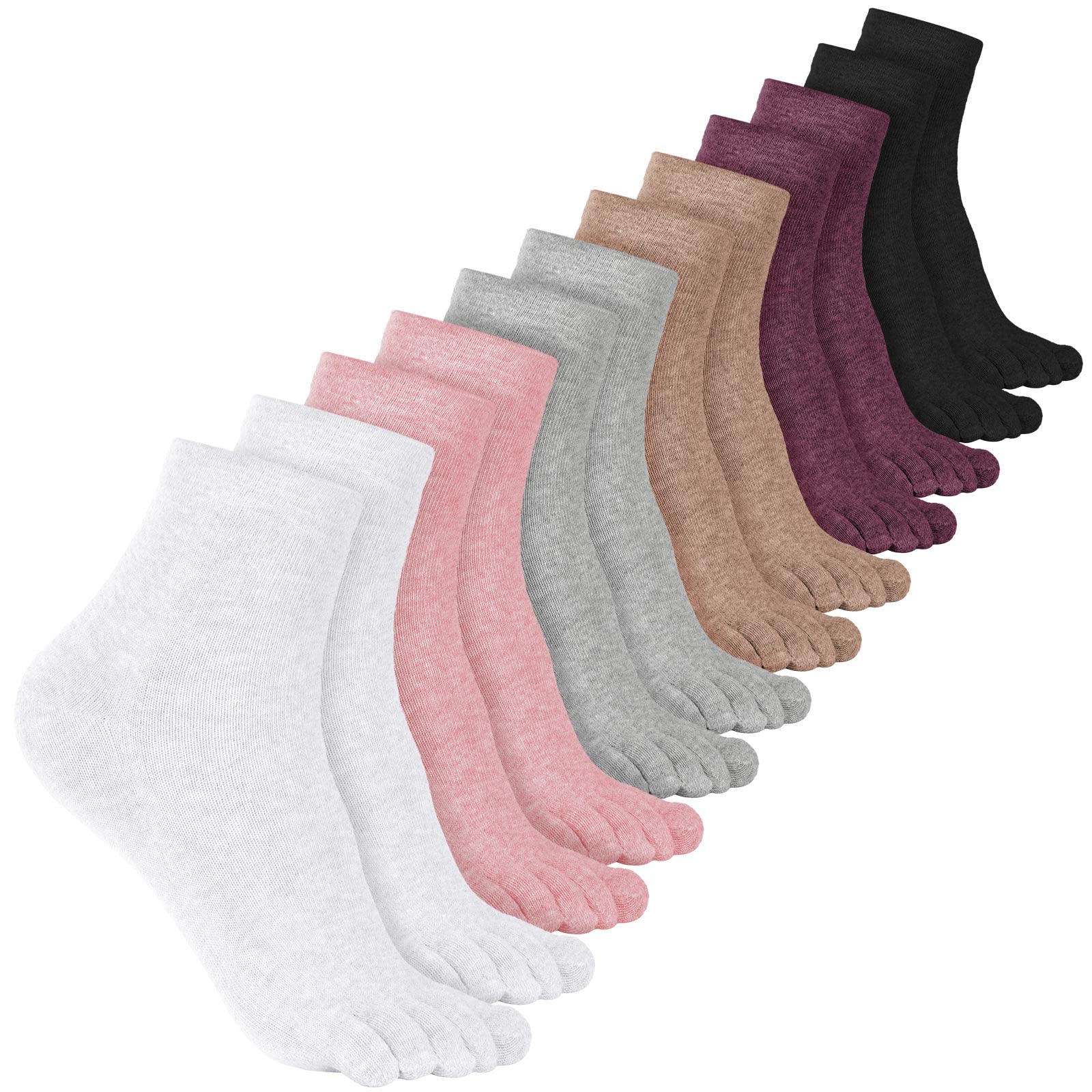 Bencailor 6 Pairs Women Five Toe Socks Cotton Breathable Compression Solid Color Tube Sock for Women Men Athletic Running(5-9,Black, White, Gray, Khaki, Purple, Pink)