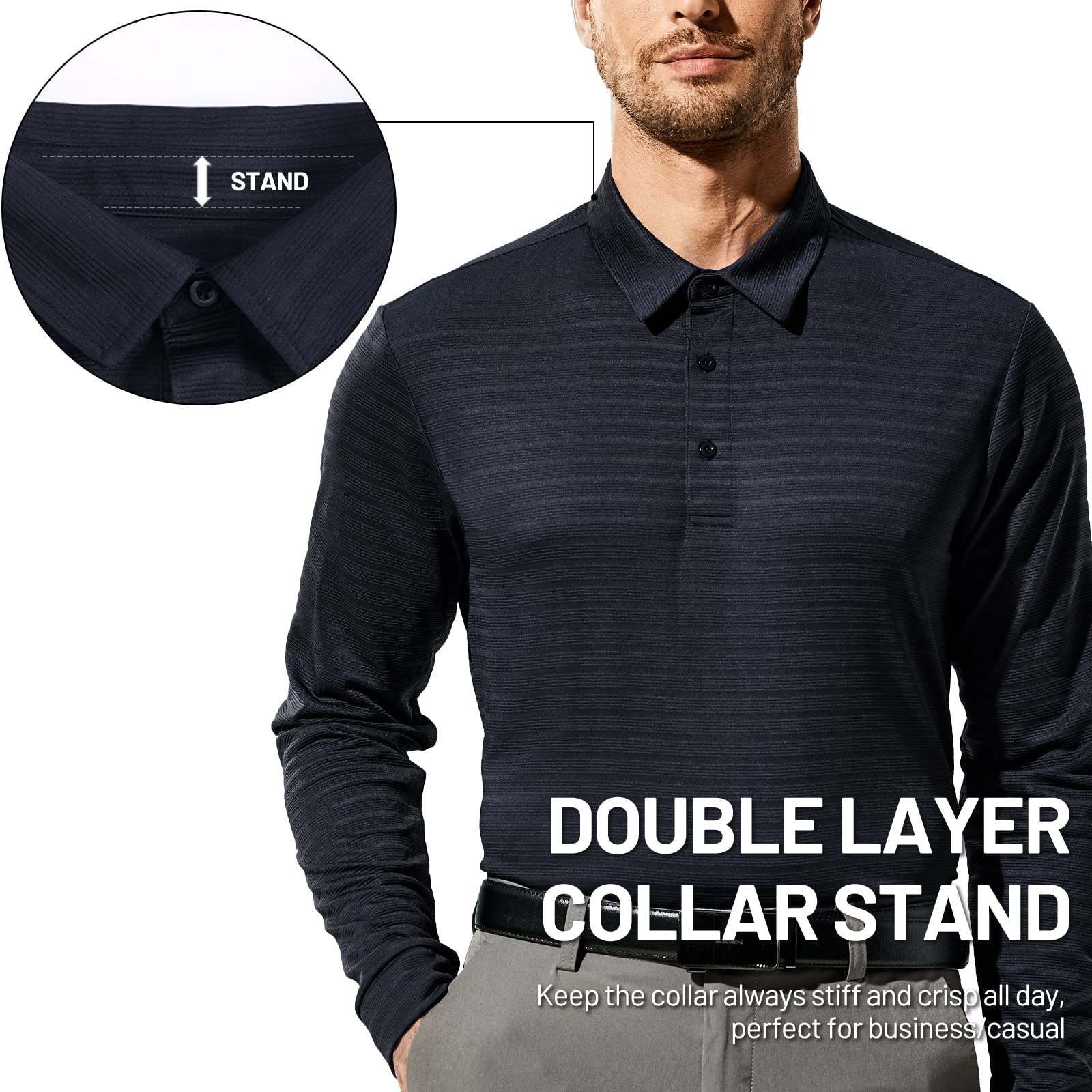 MIER Long Sleeve Polo Shirts for Men Quick Dry Polyester Collared Shirt Casual Performance Golf Shirts, Navy, XXL