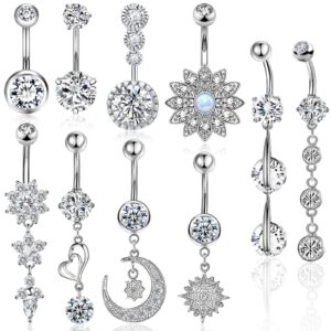 belly button piercing ring for women, 10 pcs 14g surgical steel belly button rings barbell jewelry rings bulk for body piercing with long bar dangle curved navel rings heart belly ring