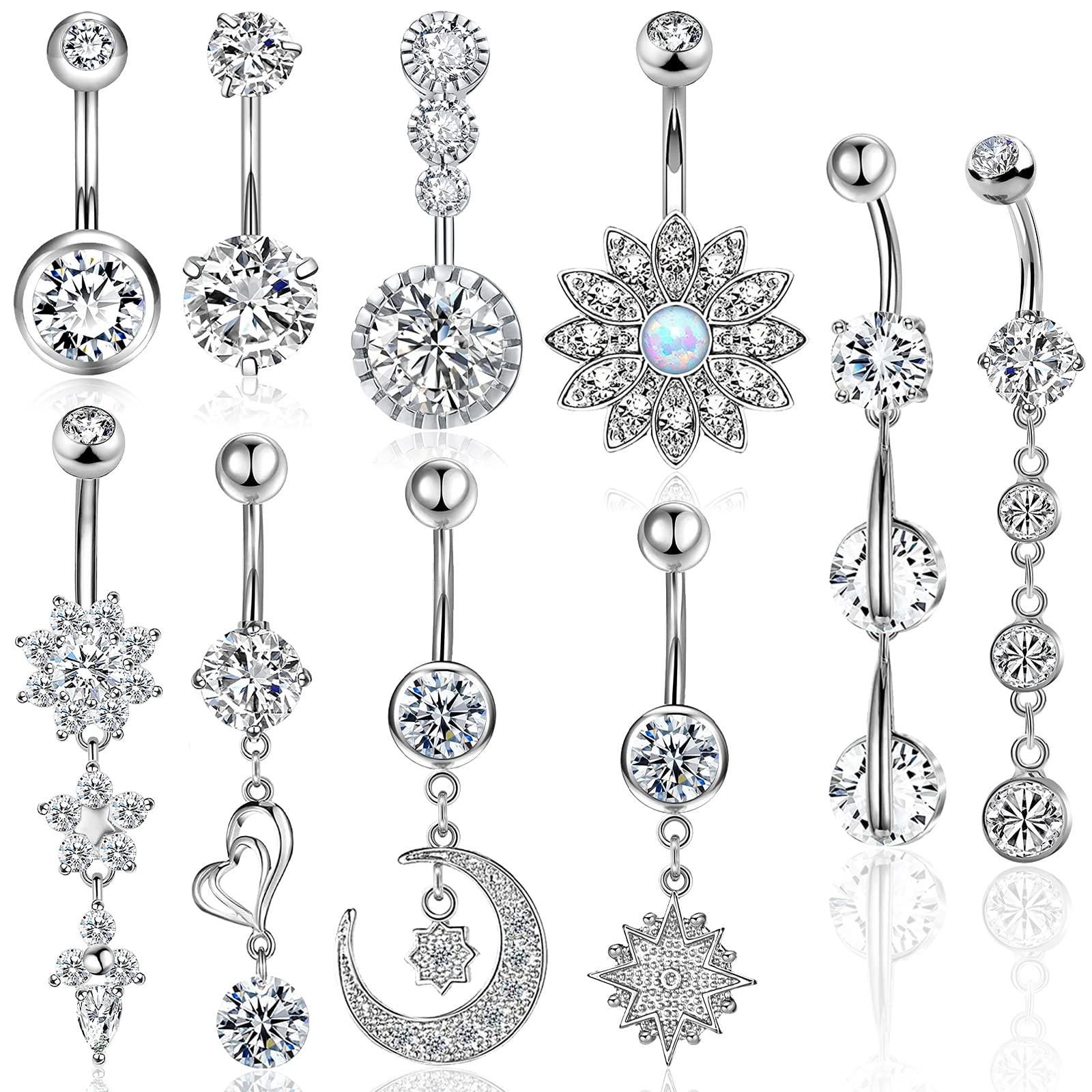 Belly Button Piercing Ring for Women, 10 PCS 14G Surgical Steel Belly Button Rings Barbell Jewelry Rings Bulk for Body Piercing with Long Bar Dangle Curved Navel Rings Heart Belly Ring