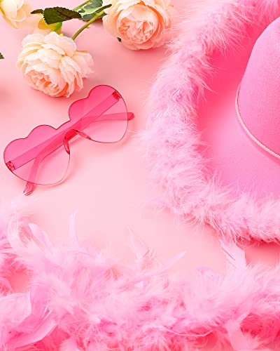 Zhanmai 18 Pieces Pink Cowgirl Hat Feather Boa Heart Shaped Sunglasses Cowboy Hat Pink Boa for Western Bachelorette Party