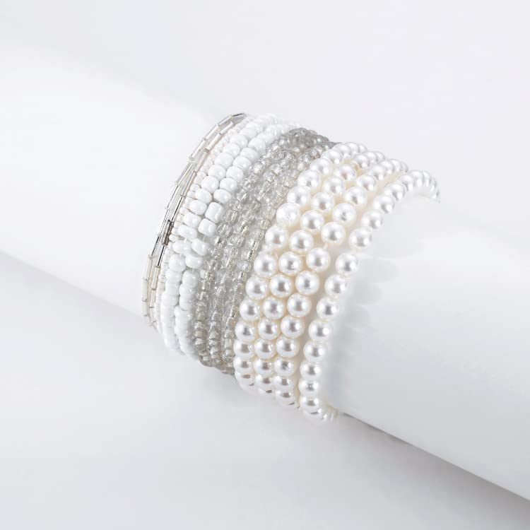 Fuqimanman2020 Boho Multilayer Crystal Beaded Stackable Stretch Bracelets Strand Elestic Simulated Pearl Bohemian for Women Boho Handmade Jewelry-White A