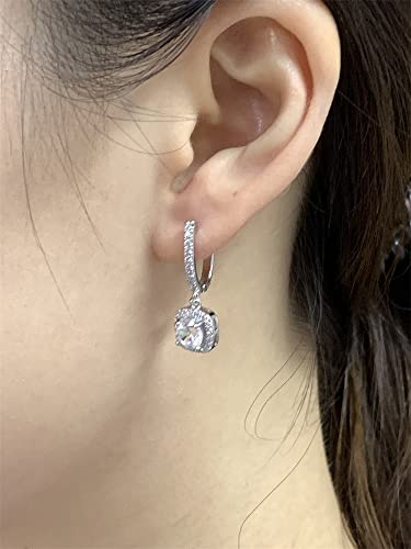 Classic Cubic Zirconia Dangle Hoop Earrings for Women Girls 18K White Gold Plated Princess Cut Square Halo CZ Charms Drop Dangling Leverback Stud Dainty Birthday Wedding Anniversary Jewelry Gifts (Silver)