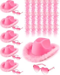 zhanmai 18 pieces pink cowgirl hat feather boa heart shaped sunglasses cowboy hat pink boa for western bachelorette party