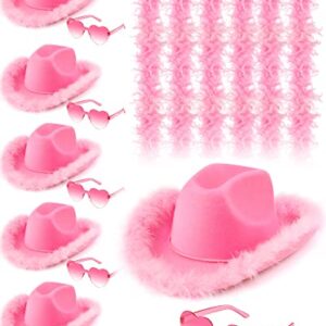 Zhanmai 18 Pieces Pink Cowgirl Hat Feather Boa Heart Shaped Sunglasses Cowboy Hat Pink Boa for Western Bachelorette Party