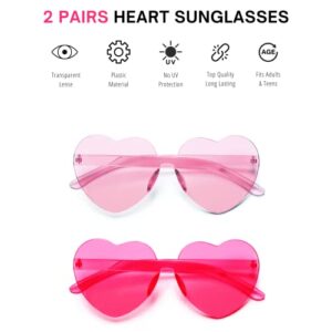 Heart Shaped Sunglasses for Women (2 Pack) - Cute Pink Heart Sunglasses for Parties, Girls Festivals Sunglasses Party Favors, Valentines Costume Sunglasses, Hot Pink Accessories for Women