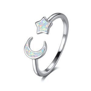 opal crescent moon star open adjustable stacking ring white gold plated created birthstone love endless promise wedding finger bands expand lucky statement rings fashion jewelry for women mother (white)