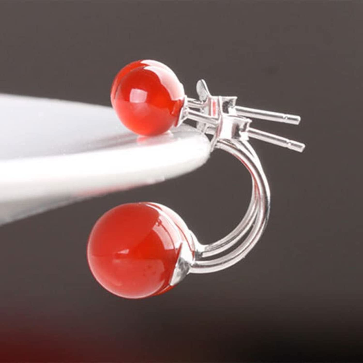 Women Earrings Natural Onyx Double Beads with Stud Earrings 925 Sterling Silver Jewelry (red)