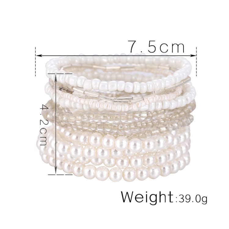 Fuqimanman2020 Boho Multilayer Crystal Beaded Stackable Stretch Bracelets Strand Elestic Simulated Pearl Bohemian for Women Boho Handmade Jewelry-White A