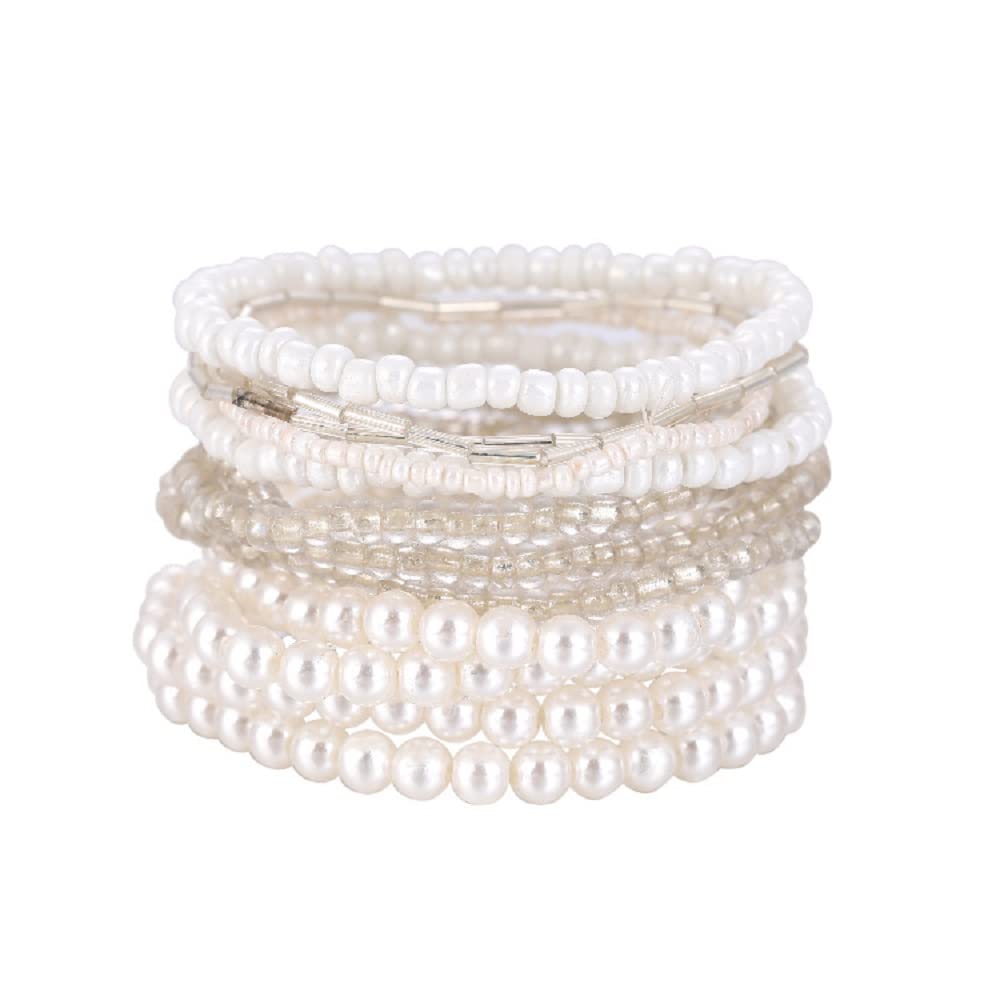 Fuqimanman2020 Boho Multilayer Crystal Beaded Stackable Stretch Bracelets Strand Elestic Simulated Pearl Bohemian for Women Boho Handmade Jewelry-White A