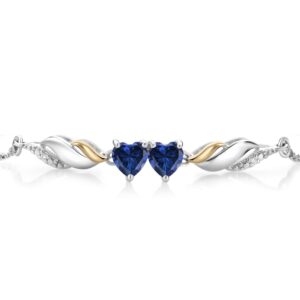 925 Sterling Silver and 10K Yellow Gold Blue Created Sapphire and White Lab Grown Diamond Tennis Bracelet For Women (1.02 Cttw, Gemstone Birthstone, Heart Shape 5MM, Fully Adjustable Up to 9 Inch)