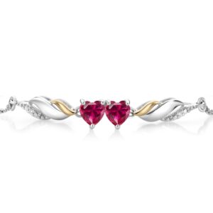 Gem Stone King 925 Sterling Silver and 10K Yellow Gold Red Created Ruby and White Lab Grown Diamond Tennis Bracelet For Women (1.22 Cttw, Heart Shape 5MM, Fully Adjustable Up to 9 Inch)