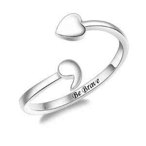 Fookduoduo 925 Sterling Silver Ring Heart Semicolon Ring adjustable Wrap Open Rings for Women (Be Brave)