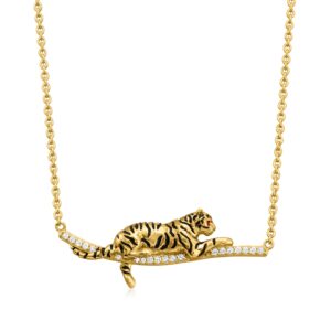 ross-simons 0.10 ct. t.w. white topaz and black enamel tiger bar necklace with ruby accents in 18kt gold over sterling. 18 inches