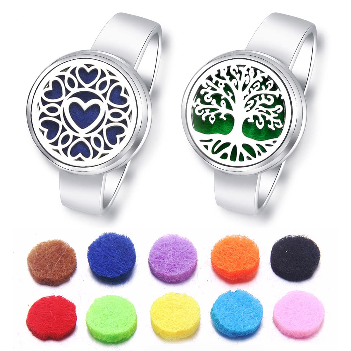 2 PCS Fashion Tree Of Life Aromatherapy Rings Stainless Steel Rings Spiral Open Perfume Diffuser Locket Heart-Shaped Angel Wing Rings Jewelry