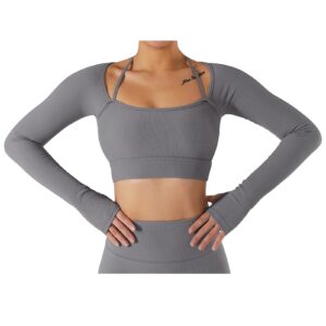 women long sleeves workout sportswear, neck wider hem high waist fingertip quick drying yoga sports top(m-gray)