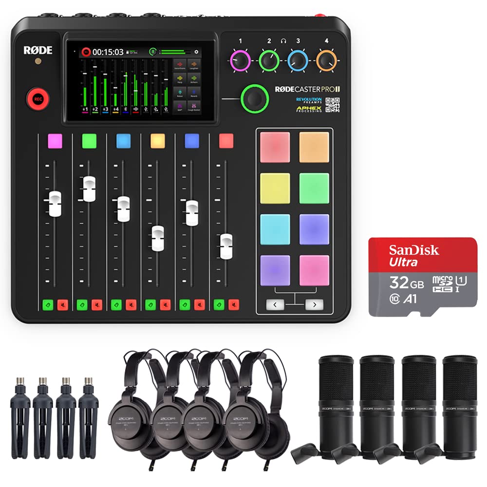 Rode RODECaster Pro II Integrated Audio Production Studio Bundle with 4x Zoom ZDM-1 Podcast Mic Pack and 32GB microSDHC Memory Card