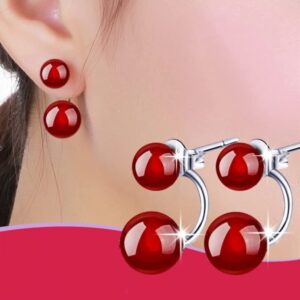 Women Earrings Natural Onyx Double Beads with Stud Earrings 925 Sterling Silver Jewelry (red)