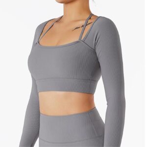 Women Long Sleeves Workout Sportswear, Neck Wider Hem High Waist Fingertip Quick Drying Yoga Sports Top(M-Gray)