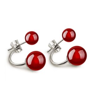 women earrings natural onyx double beads with stud earrings 925 sterling silver jewelry (red)