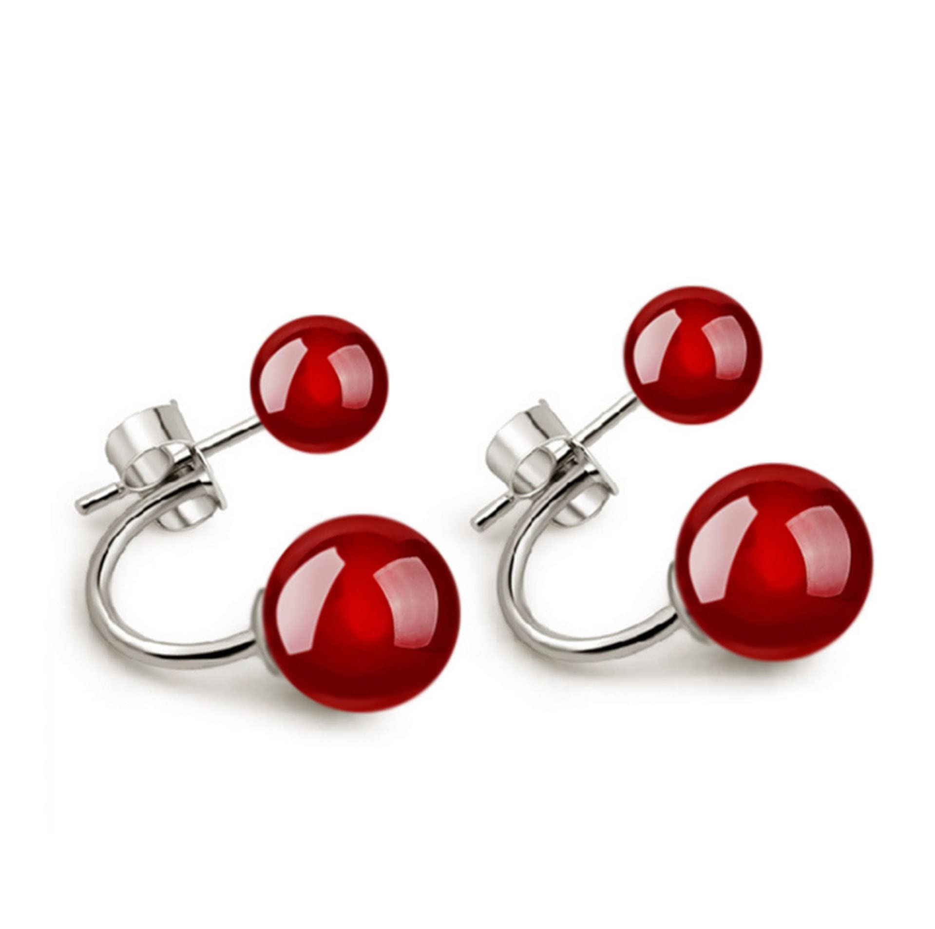 Women Earrings Natural Onyx Double Beads with Stud Earrings 925 Sterling Silver Jewelry (red)