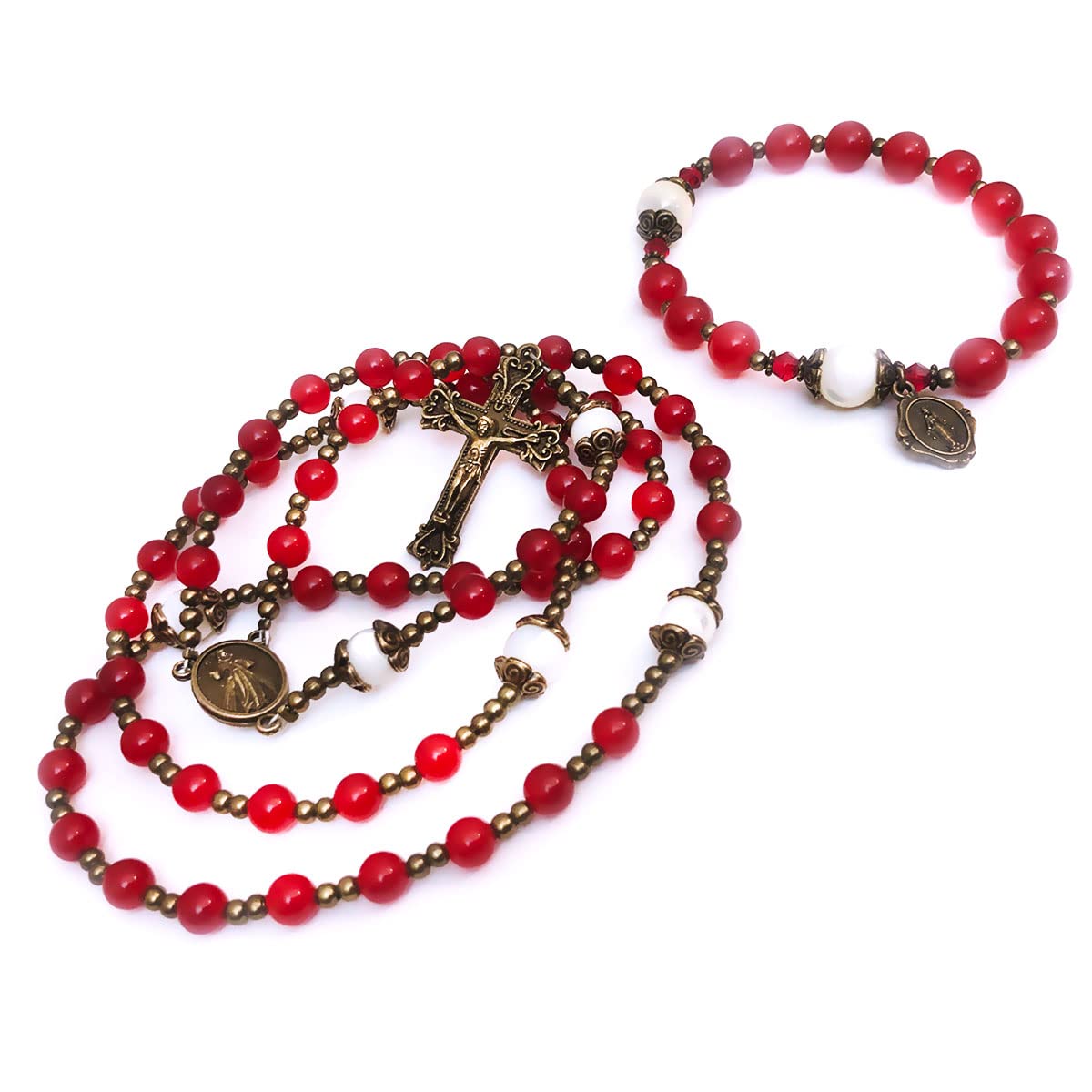 Divine Mercy Red Jade and Mother of Pearl Stone Rosary & Bracelet Set - Catholic Rosary - Rosarios Catolicos - Catholic Gifts Women - Regalos Catolicos Para Mujer, Stone, Amethyst