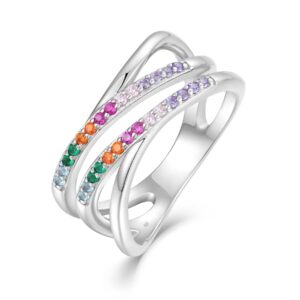 aprila women ring 925 sterling silver mutil color rainbow 3a cubic zirconia crisscross ring with white gold plated for women,size 6