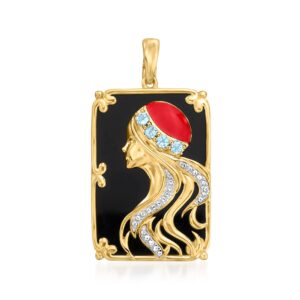 Ross-Simons 0.40 ct. t.w. Blue and White Topaz and Red Enamel Art Deco-Inspired Pendant in 18kt Gold Over Sterling