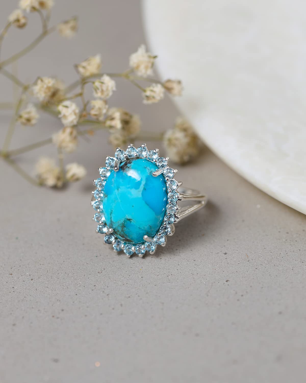 YoTreasure Turquoise Swiss Blue Topaz 925 Sterling Silver Oval Shaped Cluster Ring Jewelry