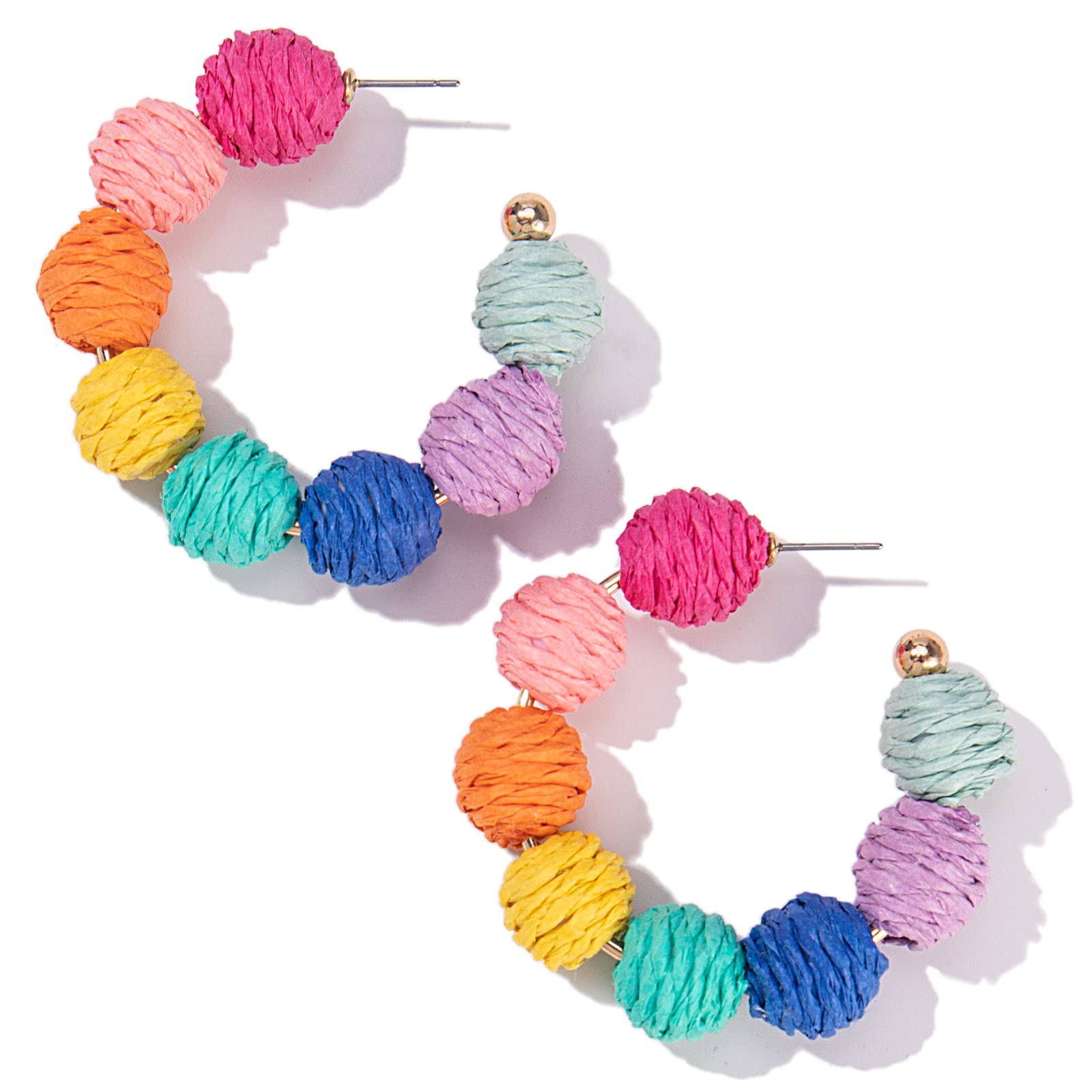 Raffia Hoop Earrings Boho Bead Earrings Cute Rattan Earrings for Women Summer Jewelry(Colorful)