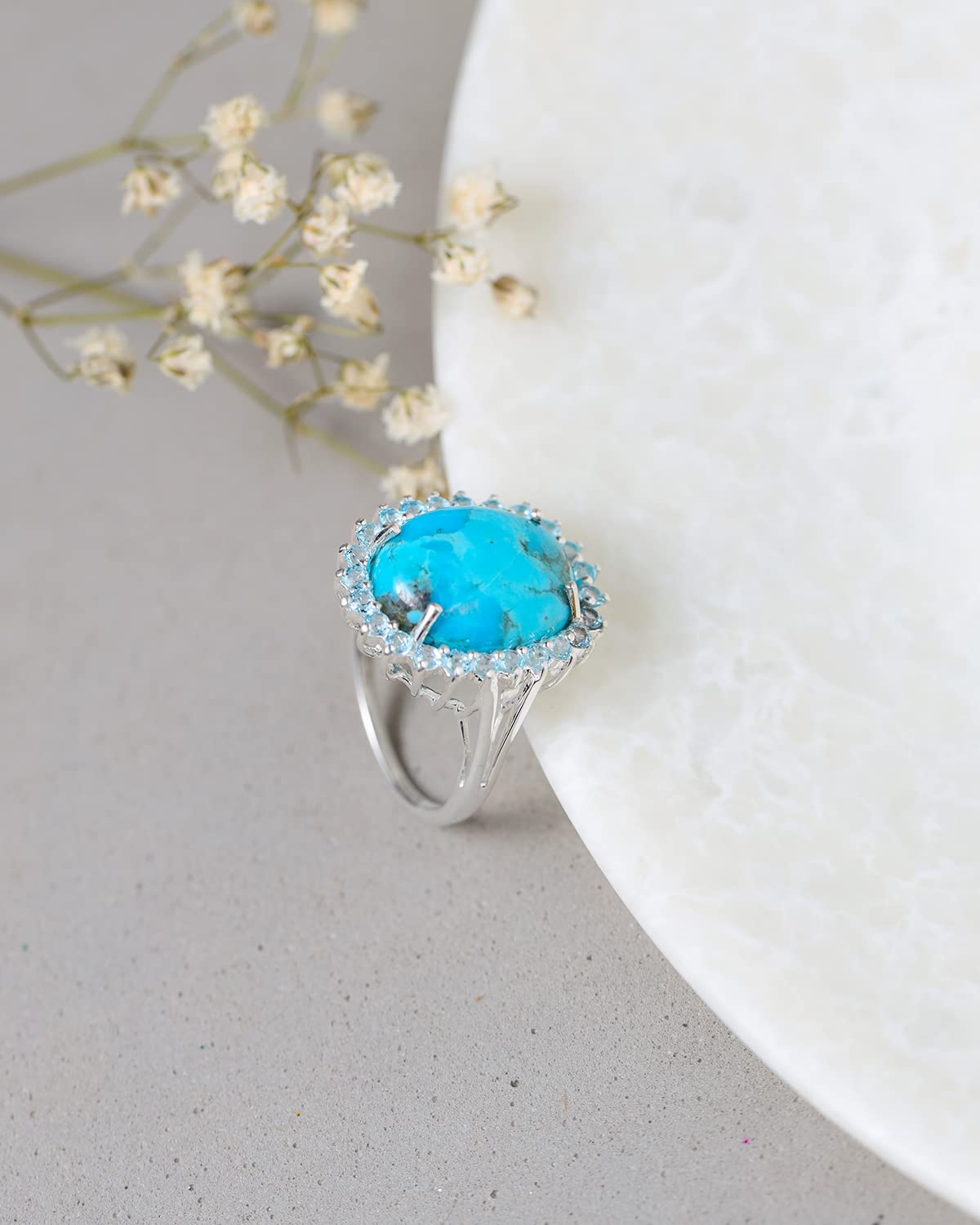 YoTreasure Turquoise Swiss Blue Topaz 925 Sterling Silver Oval Shaped Cluster Ring Jewelry