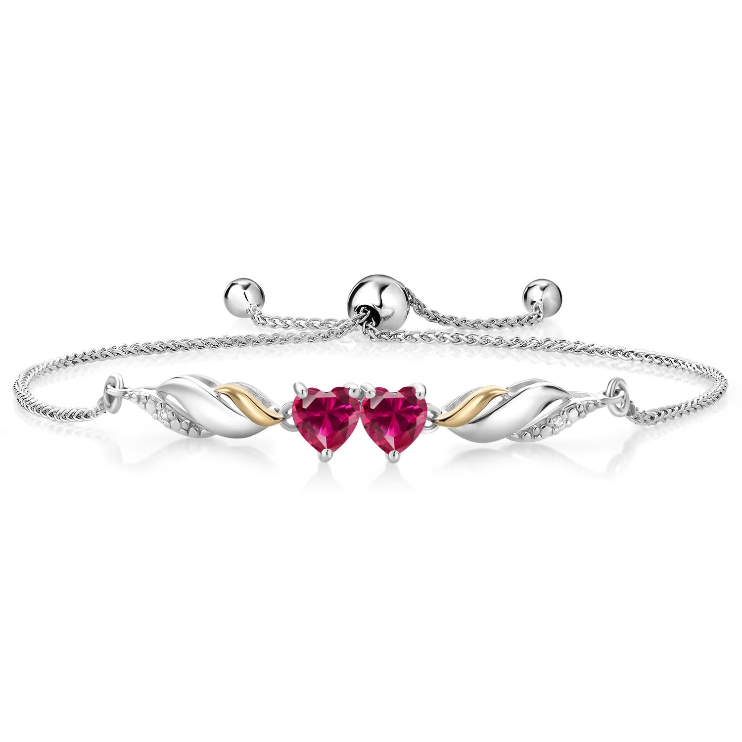 Gem Stone King 925 Sterling Silver and 10K Yellow Gold Red Created Ruby and White Lab Grown Diamond Tennis Bracelet For Women (1.22 Cttw, Heart Shape 5MM, Fully Adjustable Up to 9 Inch)