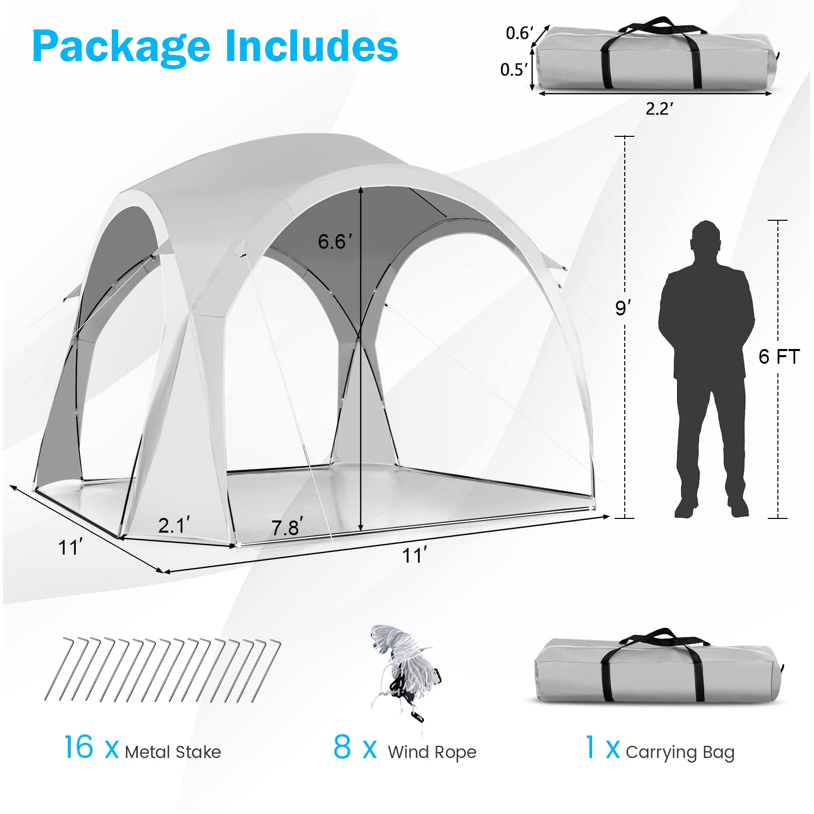 Tangkula 11x11 Ft Beach Canopy, Portable Beach Shelter with Carry Bag, Easy Set-up Instant Sunshade Tent with Fiberglass Rods, 6-8 People UPF50+ Large Sun Shelter for Camping