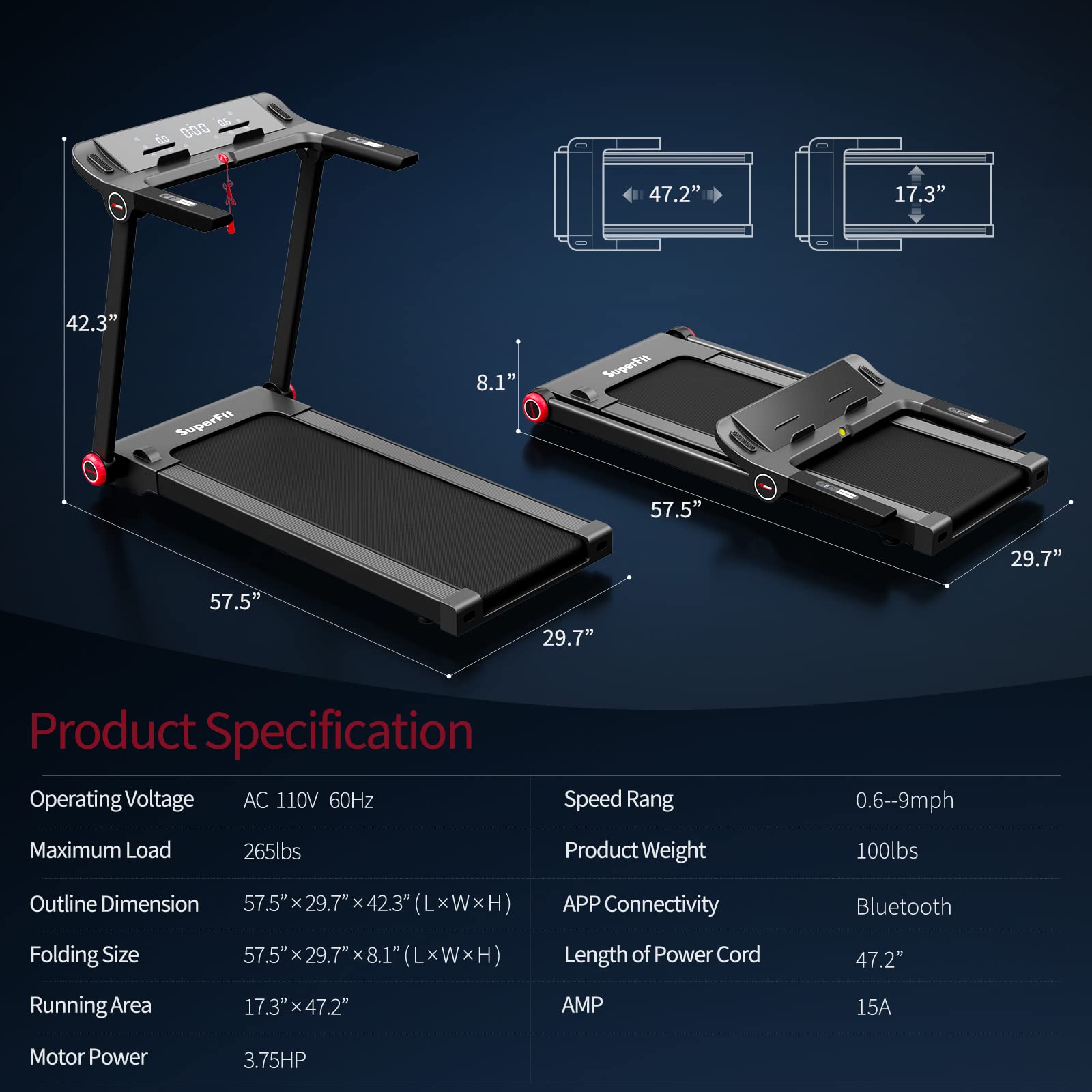 Goplus 3.75HP Folding Treadmill, Freestanding Superfit Treadmill with APP, 12 Preset Programs, LCD Display, Pulse Monitor, Bluetooth, Commercial Heavy Duty Running Machine for Home, No Assembly