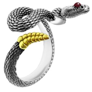 holgod snake ring with gold tail, 925 titanium steel rattlesnake shaped jewelry, handmade gift for men women (mouth close)