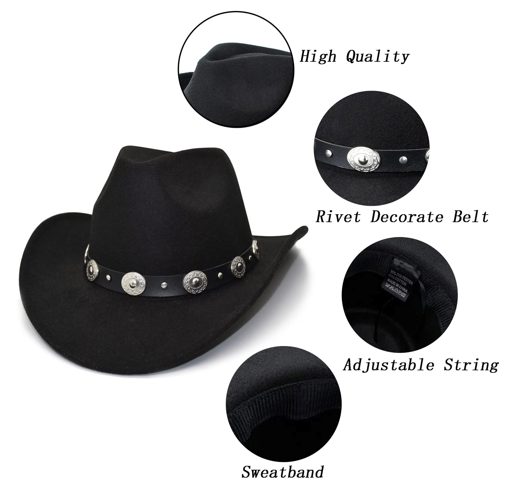 Classic Western-Cowboy-Hat Men Womens Wide Brim Cowgirl Hats Felt Fedora hat (S-M)