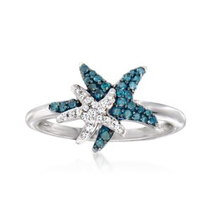 Ross-Simons 0.25 ct. t.w. Blue and White Diamond Starfish Ring in Sterling Silver. Size 8