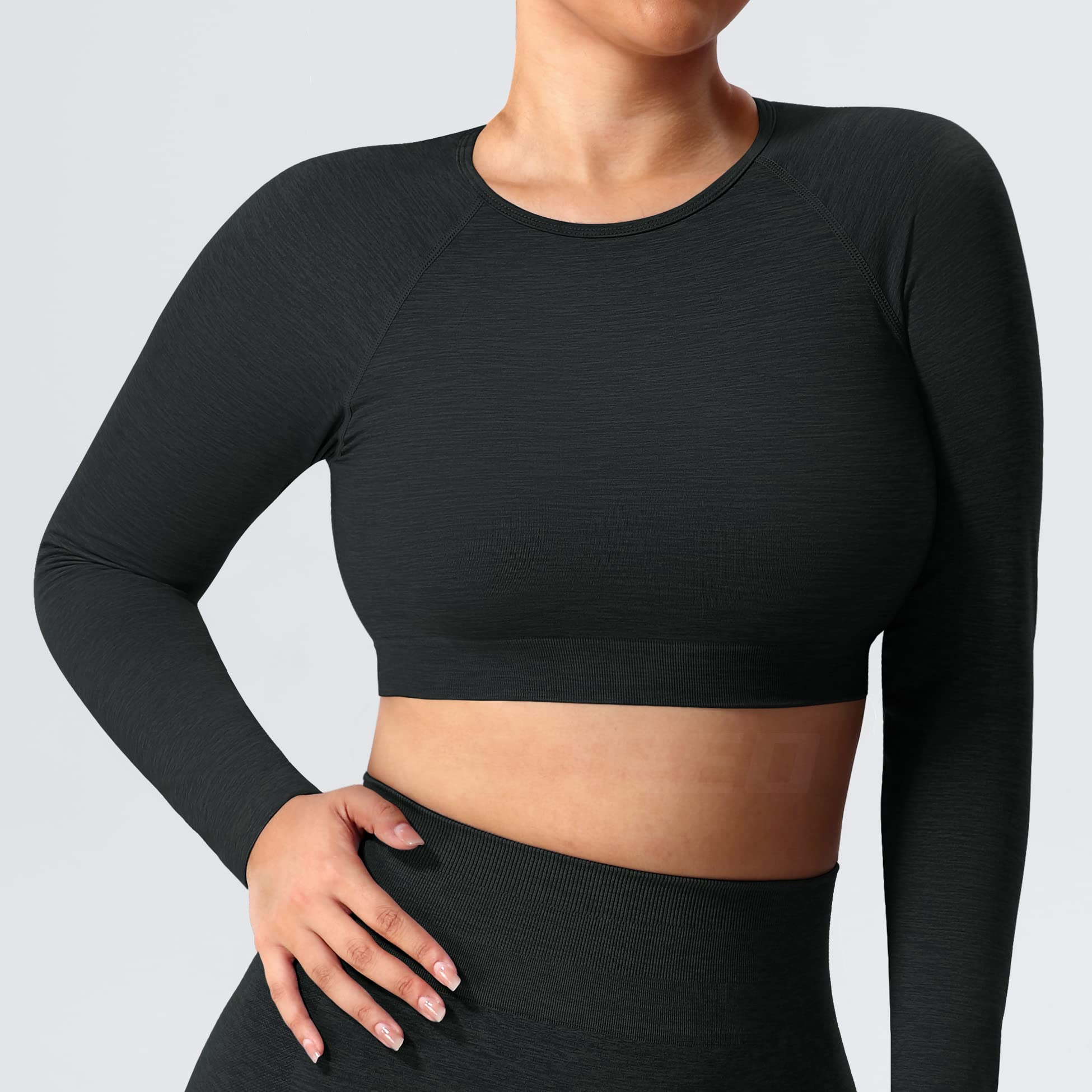 YEOREO Seamless Long Sleeve Crop Gym Shirts for Women Workout Yoga Tops Women Shirt Black Ash