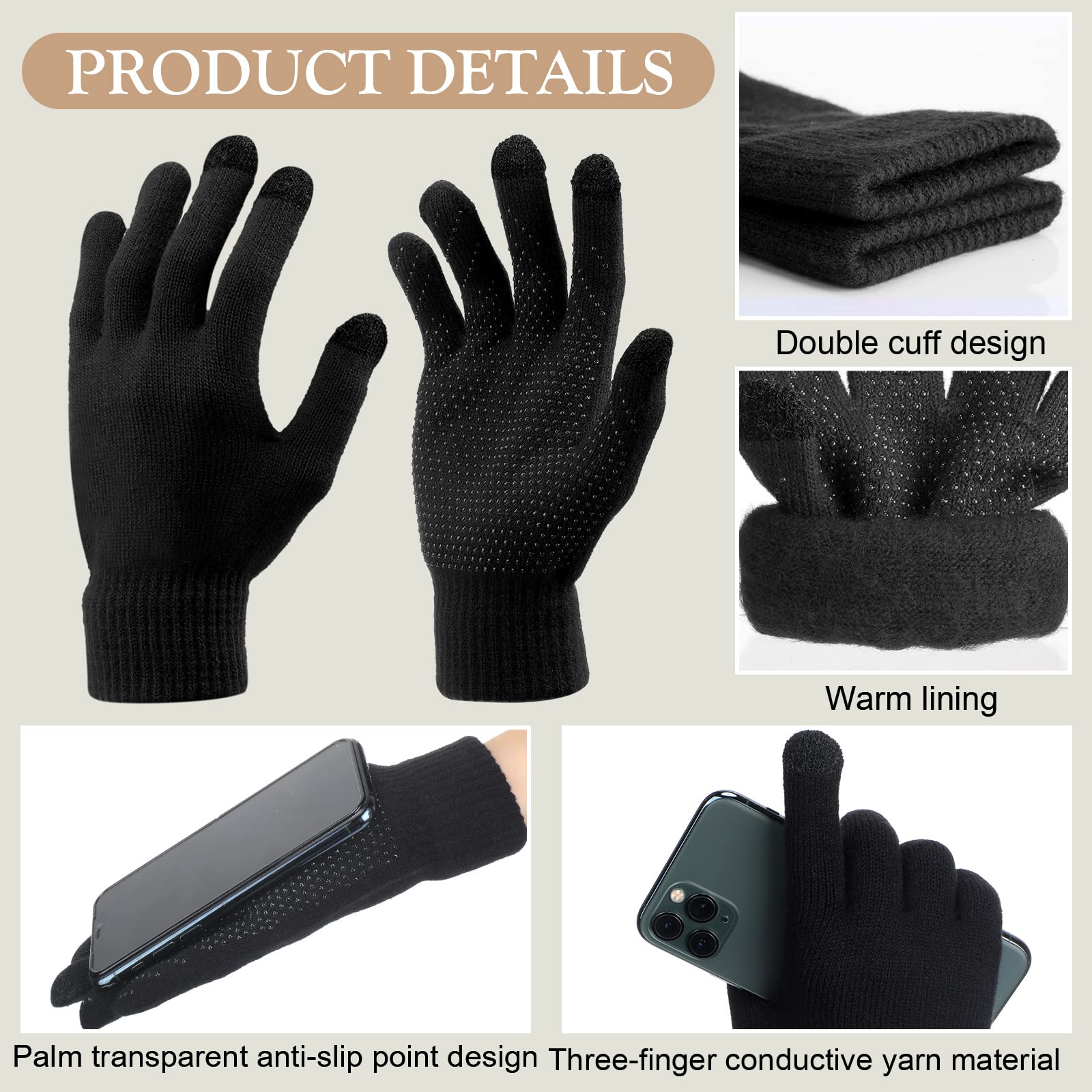 6 Pcs Winter Hat Gloves Scarf Earmuffs Socks Set Knit Beanie Hat Neck Touch Screen Mittens Fleece for Women(Black)