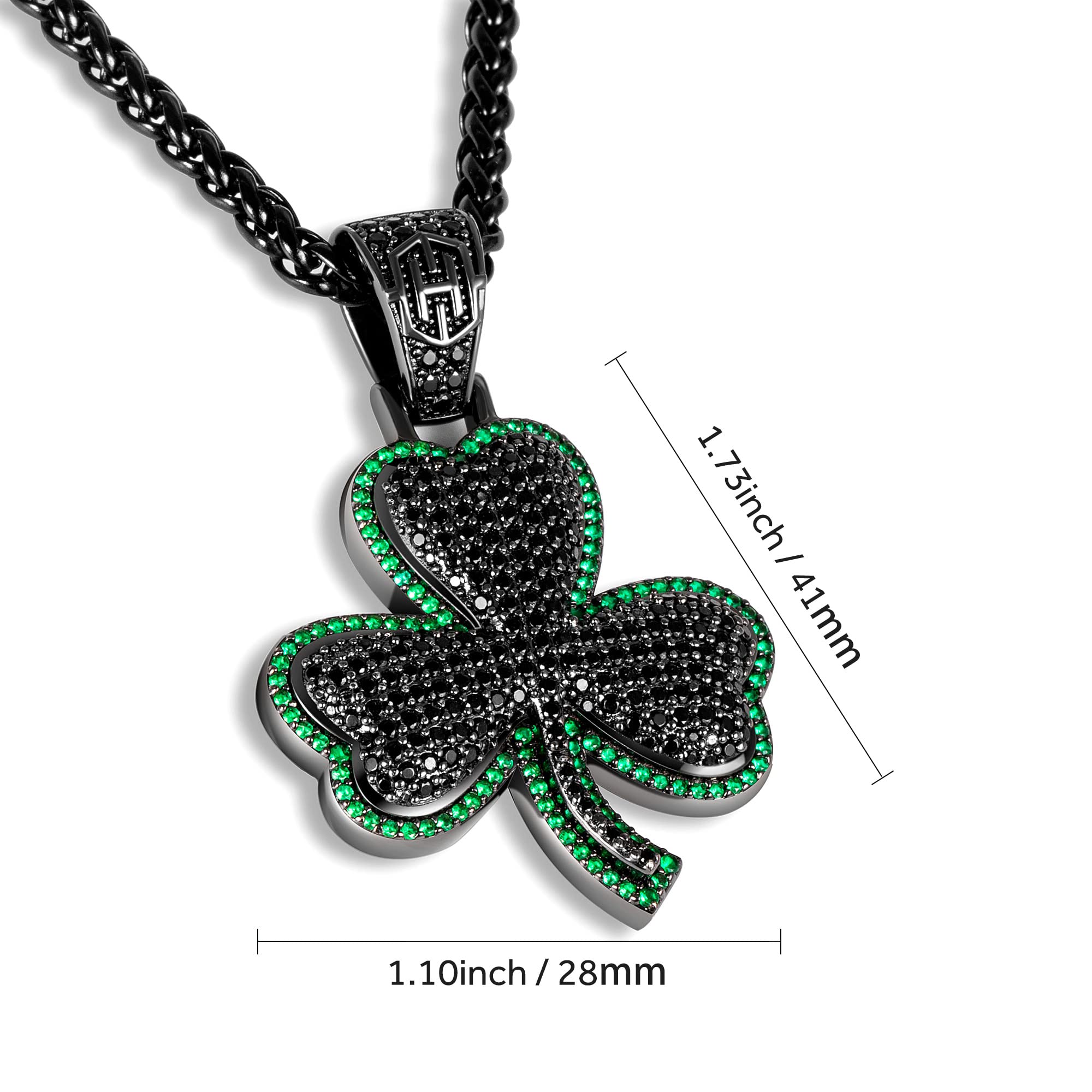 HELLOICE Three Leaf Clover Necklace Iced Out 5A CZ Diamond Clover Pendant 18k Gold Plated with 3mm 24" Chain for Women Men (Black)